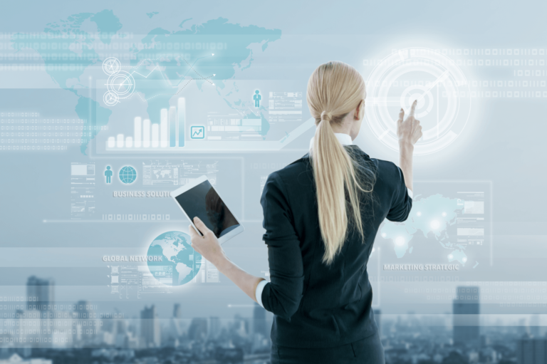 Image of a businesswoman that is interacting with a digital interface displaying data analytics.