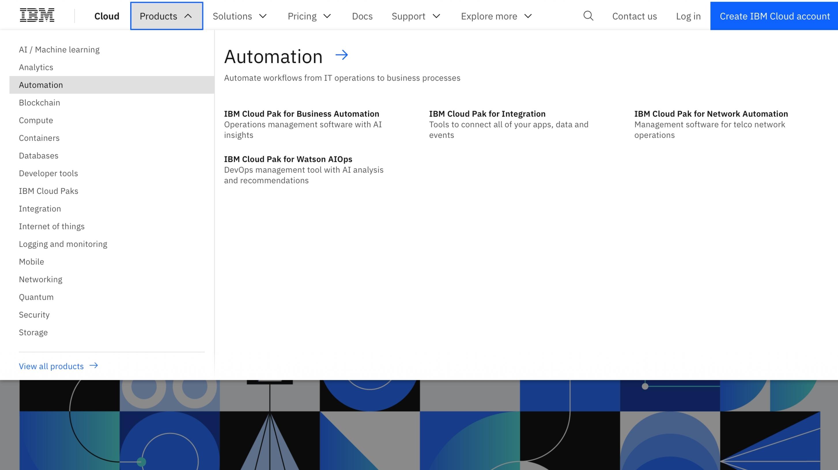 Screen shot of IBM Cloud Paks software.