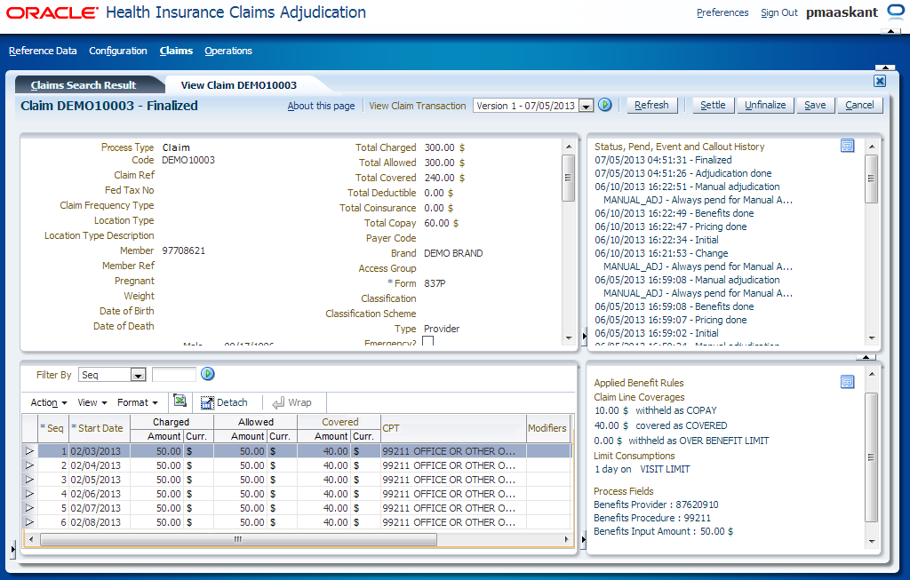 Screen shot of Oracle Insurance Insight software.